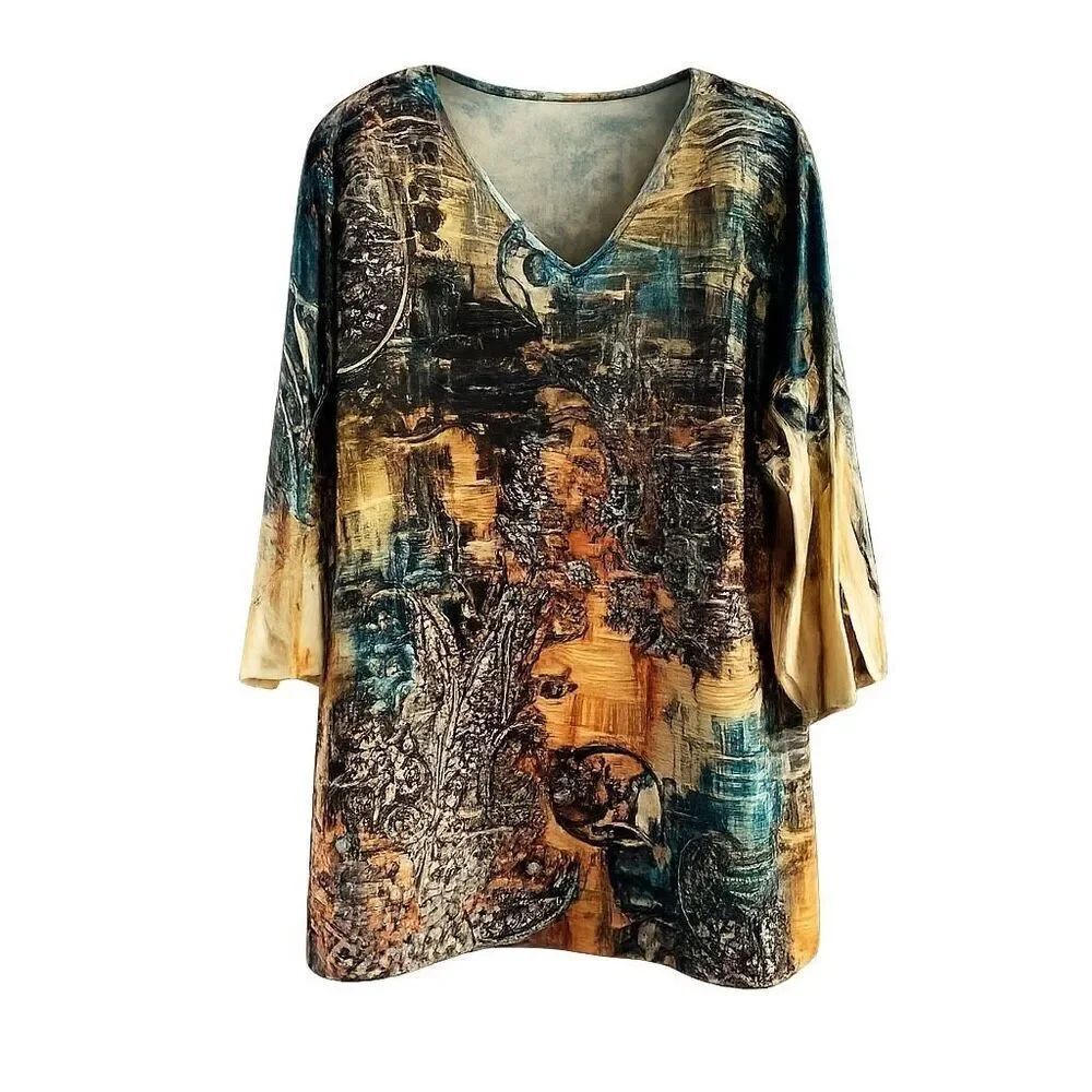 Catherines 1X 18/20W Paisley V Neck Boho Blouse Artsy Chic Top
